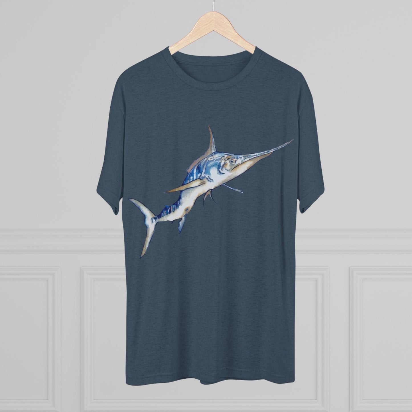 Striped Blue Marlin Unisex Tri-Blend Graphic Crew Tee