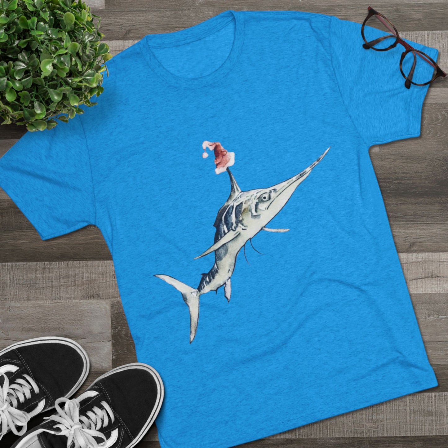 Striped Blue Marlin Santa Hat Unisex Tri-Blend Graphic Crew Tee
