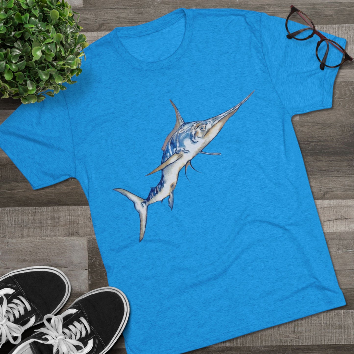 Striped Blue Marlin Unisex Tri-Blend Graphic Crew Tee