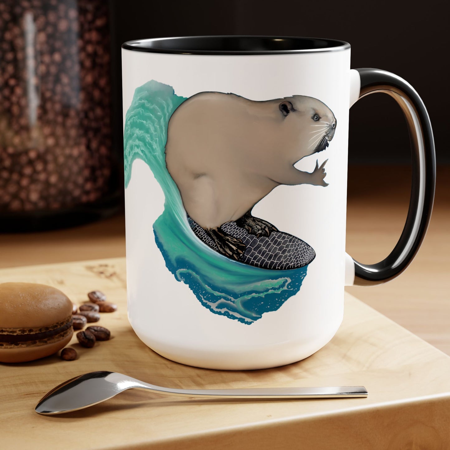 Surfing Beaver Two-Tone Coffee Mugs, 15oz