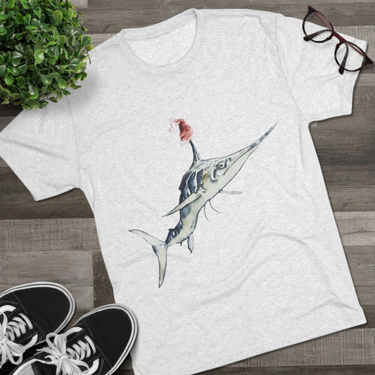 Striped Blue Marlin Santa Hat Unisex Tri-Blend Graphic Crew Tee