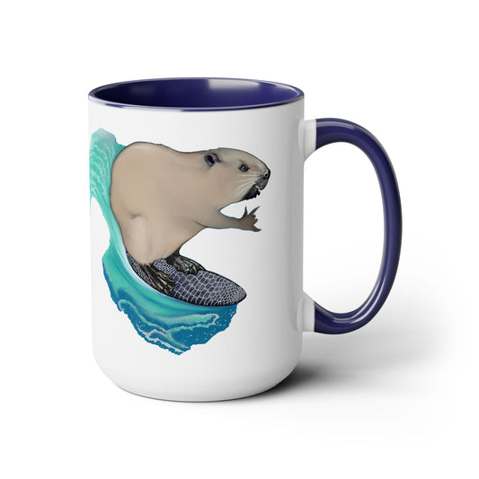 Surfing Beaver Two-Tone Coffee Mugs, 15oz