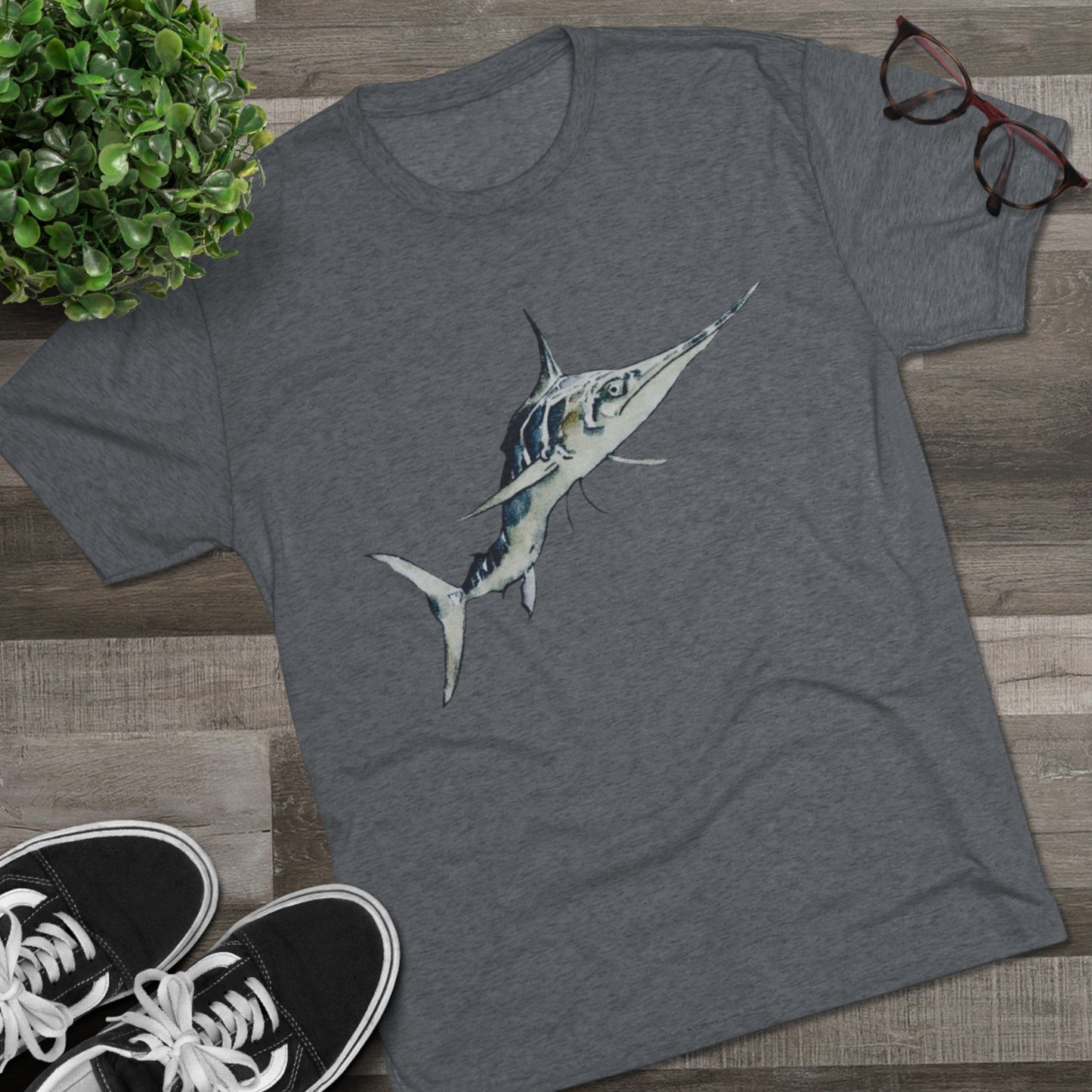 Striped Blue Marlin Unisex Tri-Blend Graphic Crew Tee