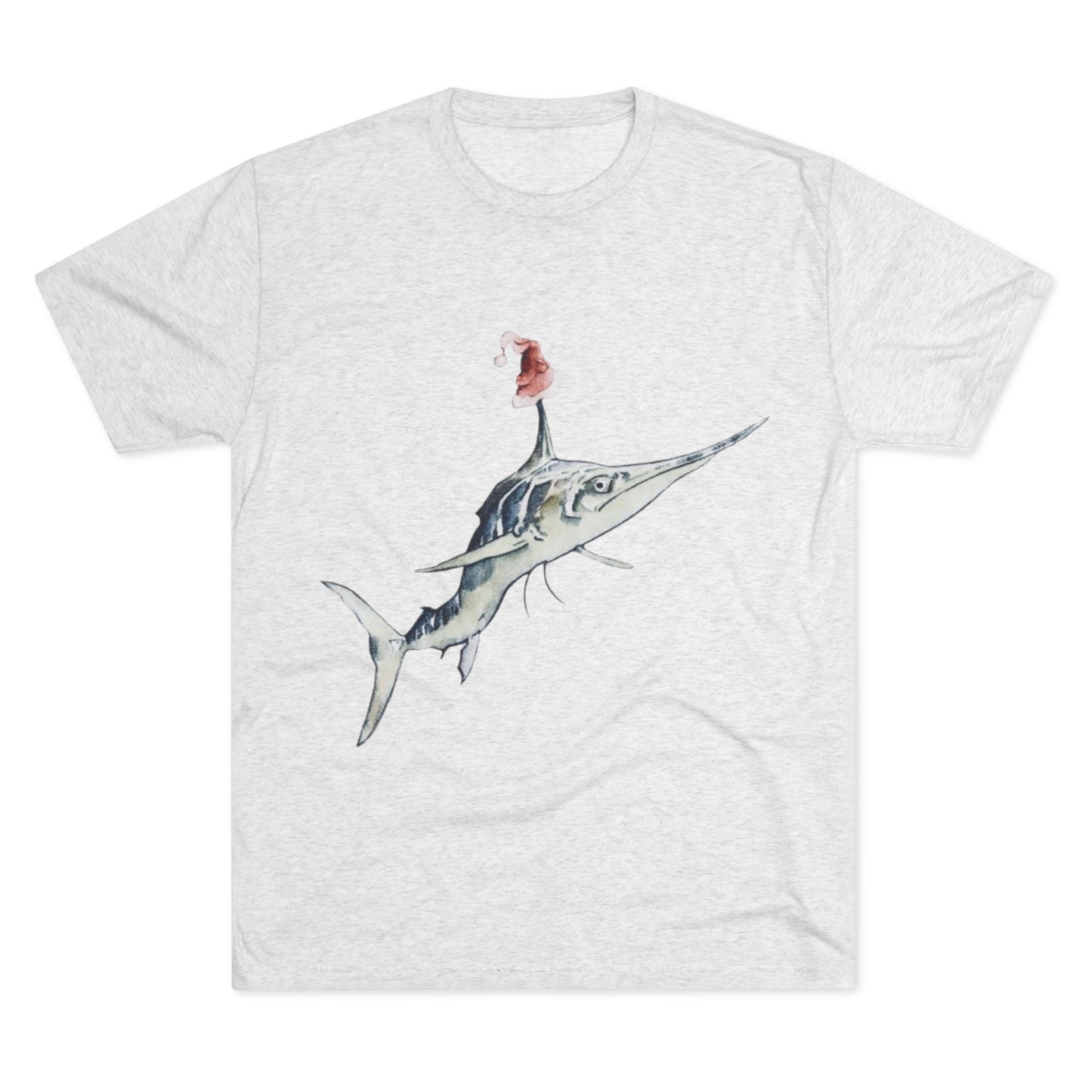 Striped Blue Marlin Santa Hat Unisex Tri-Blend Graphic Crew Tee