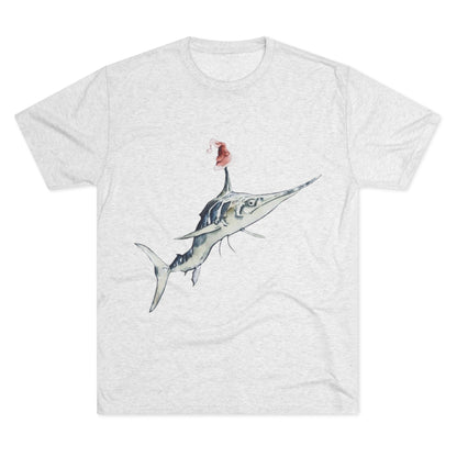 Striped Blue Marlin Santa Hat Unisex Tri-Blend Graphic Crew Tee