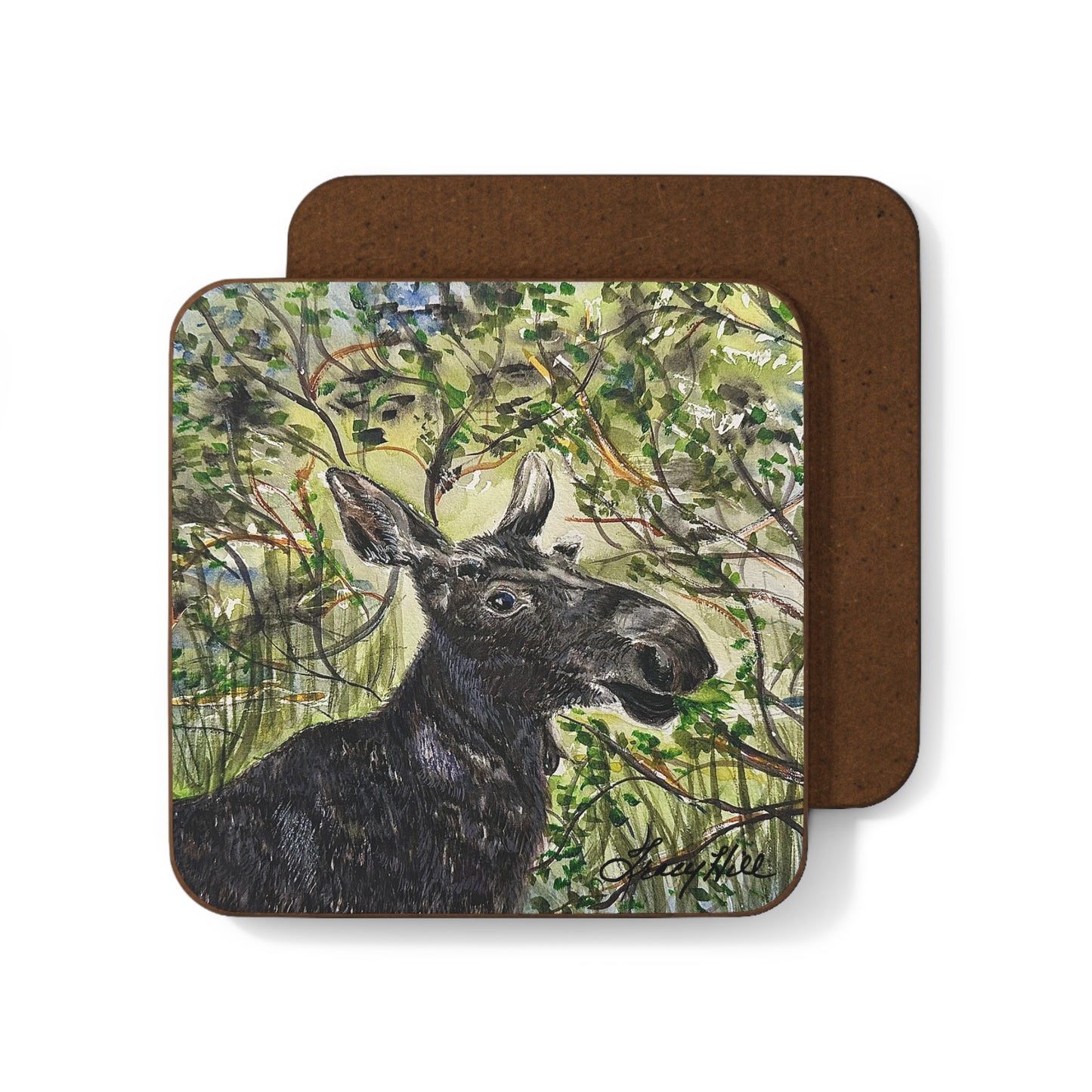 Hidden Springs Moose Watercolor Design Hardboard Back Coaster by Tracy Hill