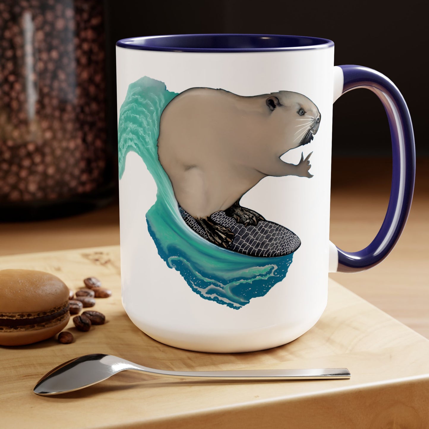 Surfing Beaver Two-Tone Coffee Mugs, 15oz