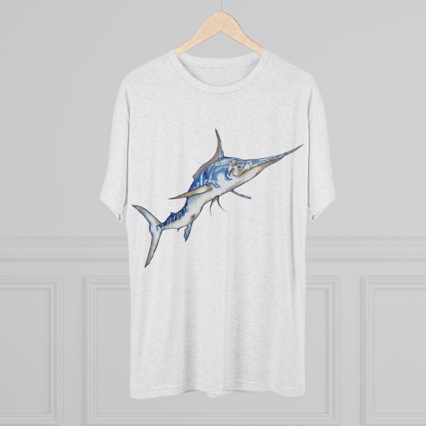 Striped Blue Marlin Unisex Tri-Blend Graphic Crew Tee