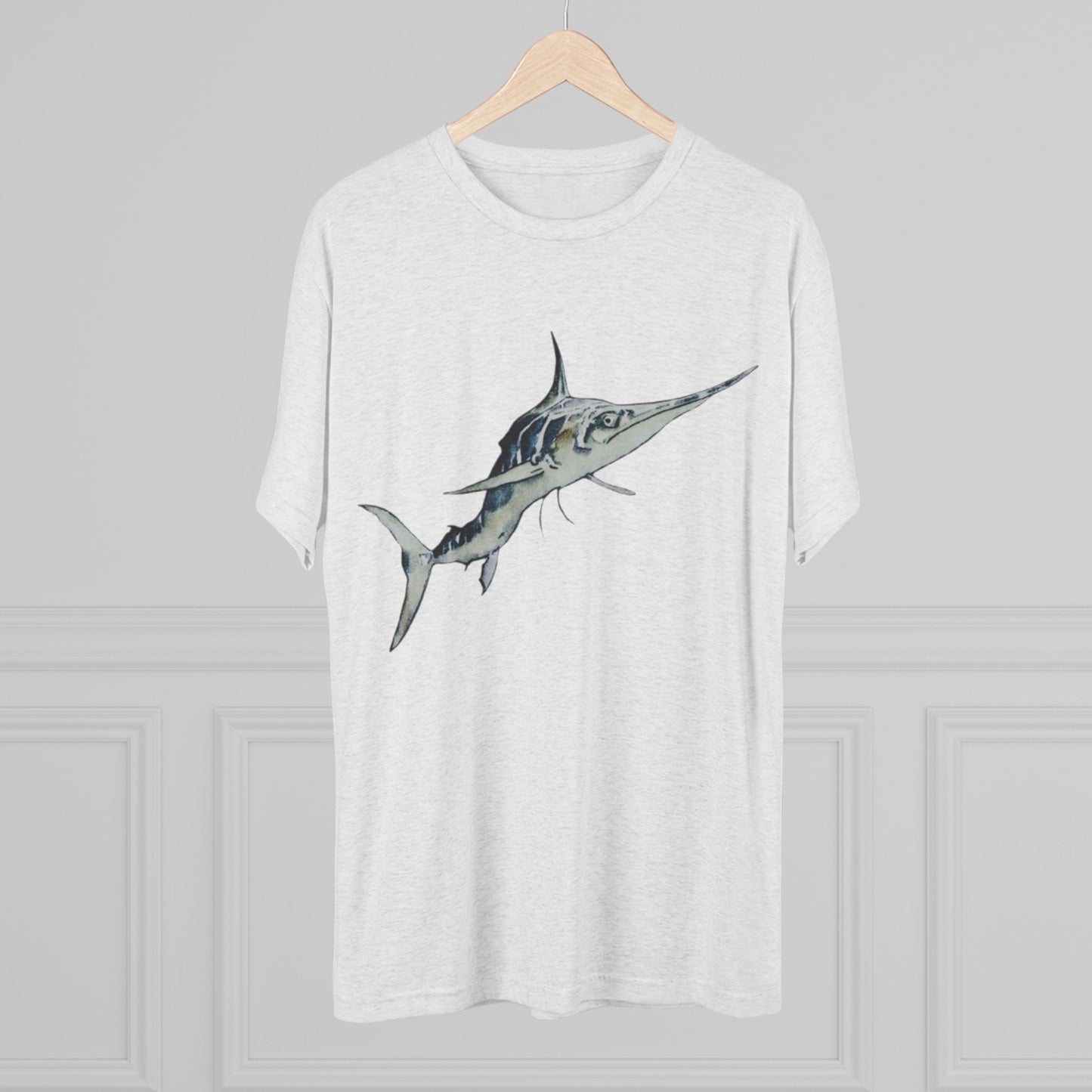 Striped Blue Marlin Unisex Tri-Blend Graphic Crew Tee