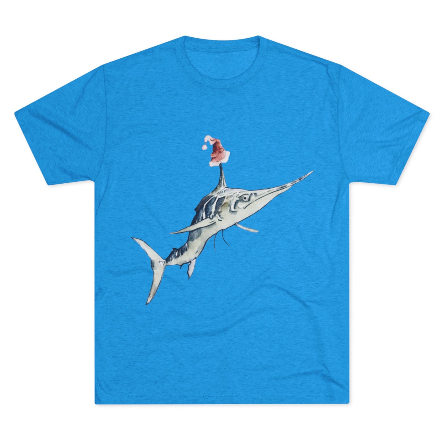 Striped Blue Marlin Santa Hat Unisex Tri-Blend Graphic Crew Tee