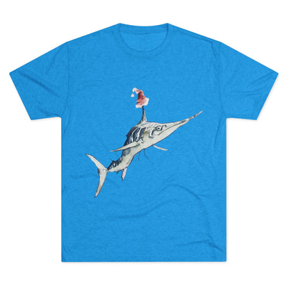Striped Blue Marlin Santa Hat Unisex Tri-Blend Graphic Crew Tee