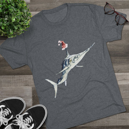 Striped Blue Marlin Santa Hat Unisex Tri-Blend Graphic Crew Tee