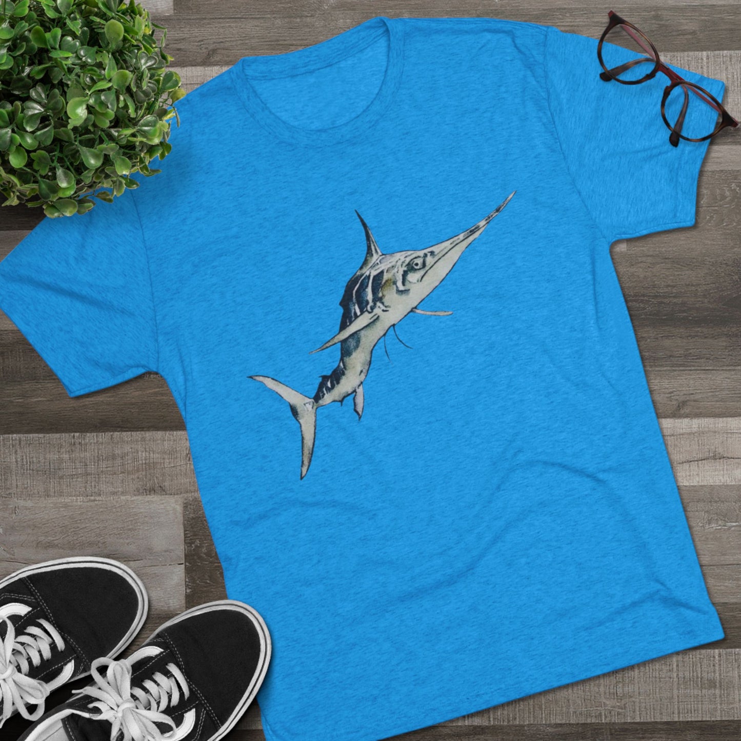 Striped Blue Marlin Unisex Tri-Blend Graphic Crew Tee