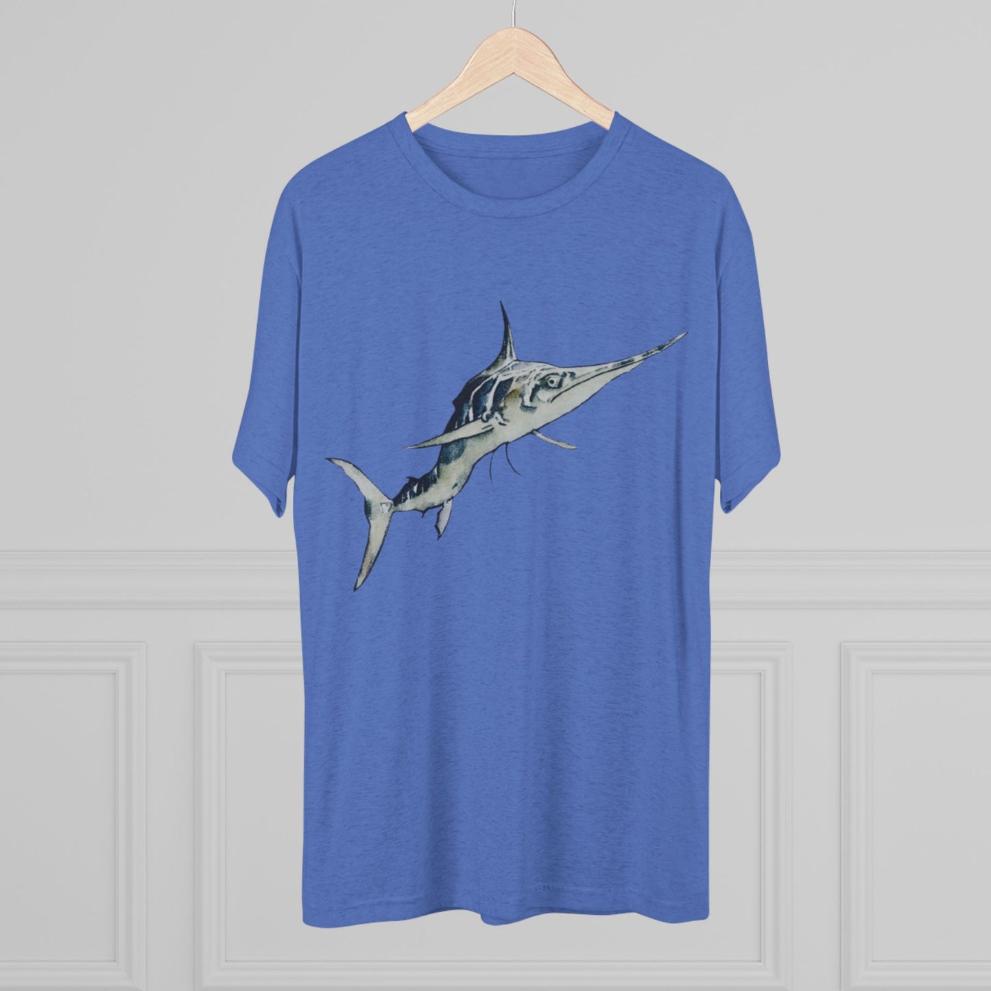 Striped Blue Marlin Unisex Tri-Blend Graphic Crew Tee