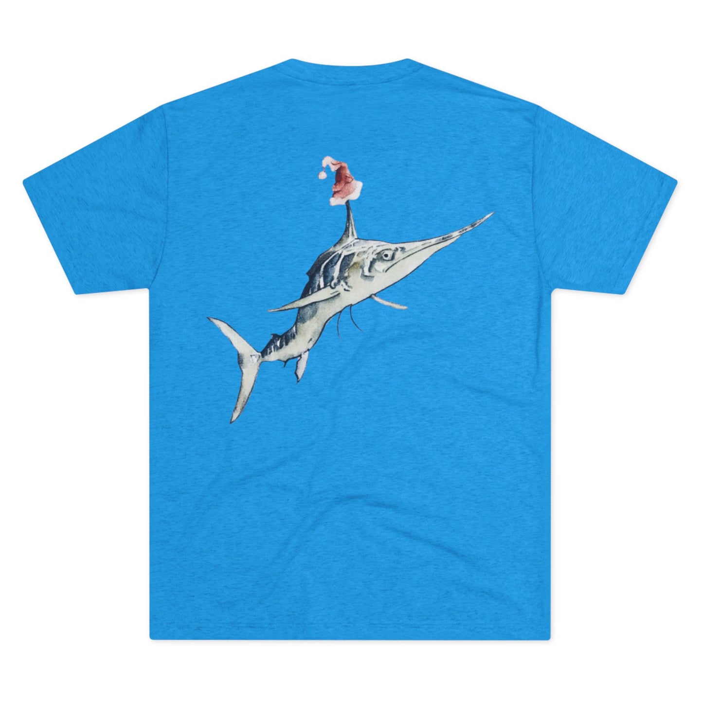 Striped Blue Marlin Santa Hat Unisex Tri-Blend Graphic Crew Tee