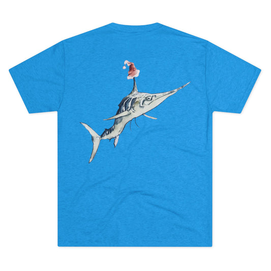 Striped Blue Marlin Santa Hat Unisex Tri-Blend Graphic Crew Tee