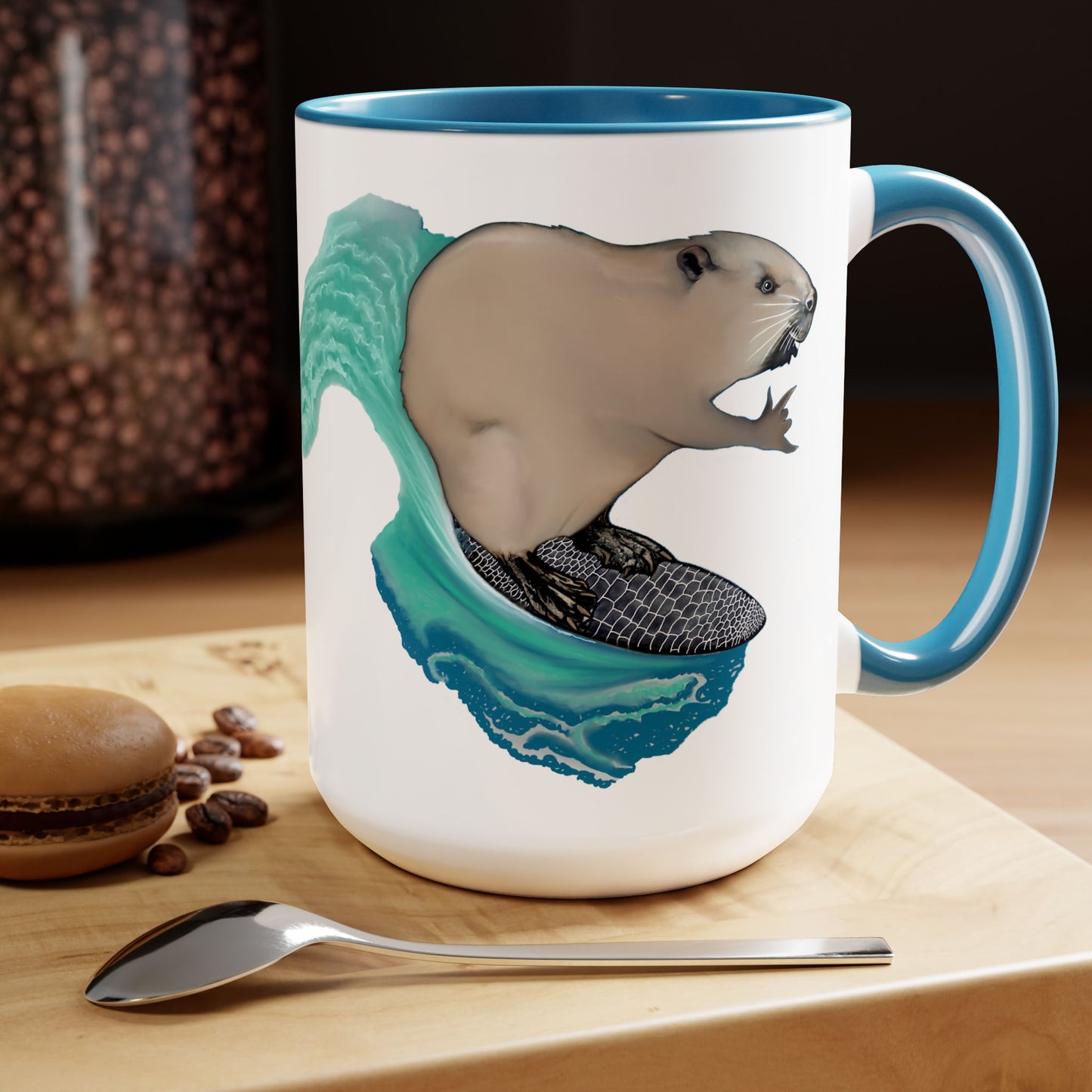 Surfing Beaver Two-Tone Coffee Mugs, 15oz