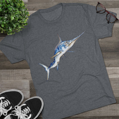 Striped Blue Marlin Unisex Tri-Blend Graphic Crew Tee