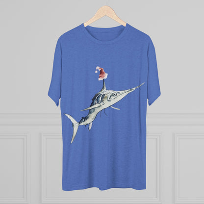 Striped Blue Marlin Santa Hat Unisex Tri-Blend Graphic Crew Tee