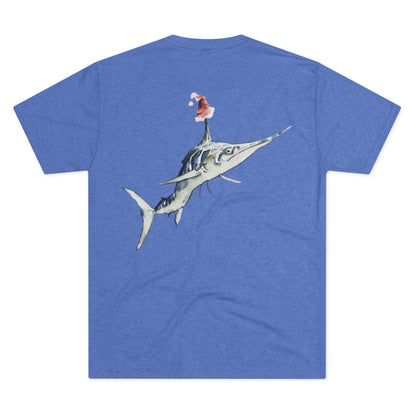 Striped Blue Marlin Santa Hat Unisex Tri-Blend Graphic Crew Tee