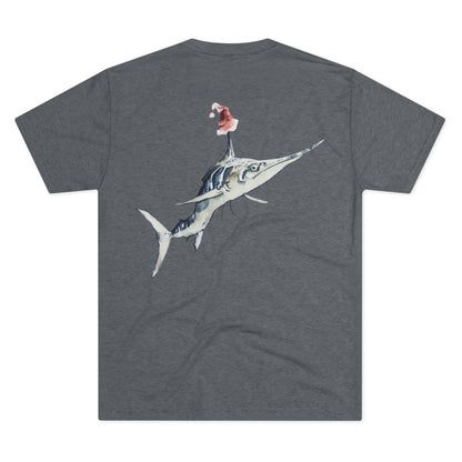 Striped Blue Marlin Santa Hat Unisex Tri-Blend Graphic Crew Tee