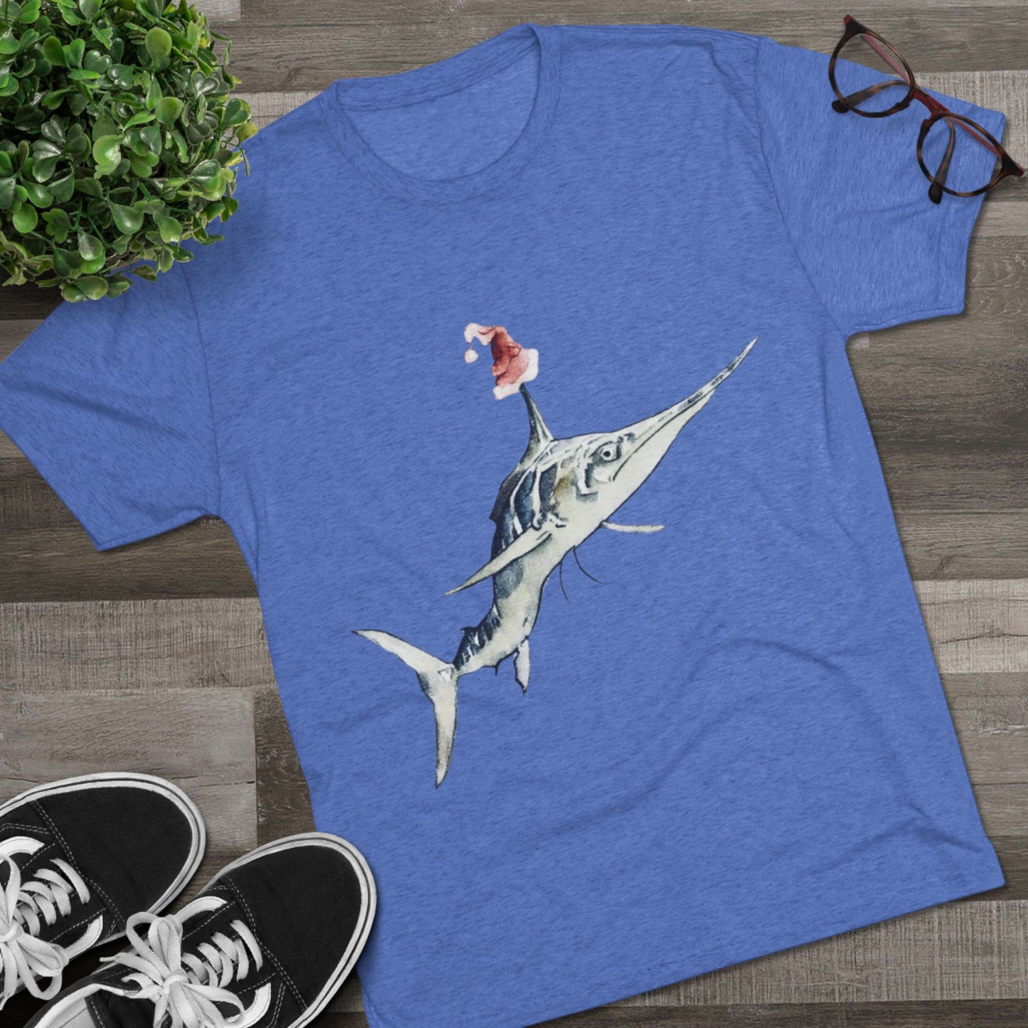 Striped Blue Marlin Santa Hat Unisex Tri-Blend Graphic Crew Tee