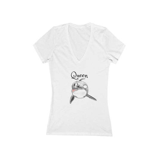 Queen Katina Orca Whale Women's Jersey Short Sleeve Deep V-Neck Tee
