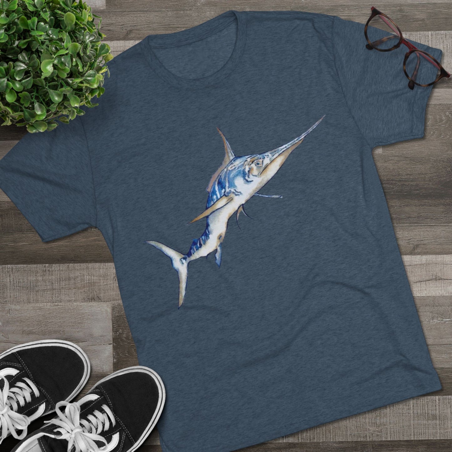 Striped Blue Marlin Unisex Tri-Blend Graphic Crew Tee
