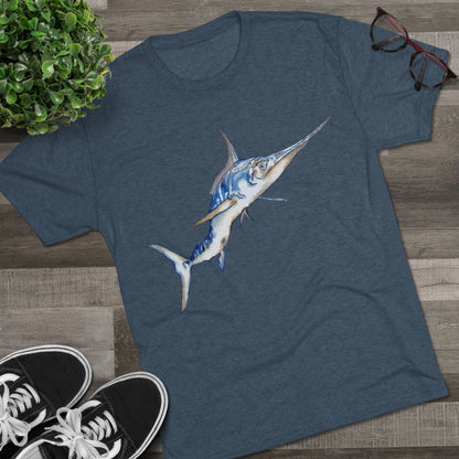 Striped Blue Marlin Unisex Tri-Blend Graphic Crew Tee