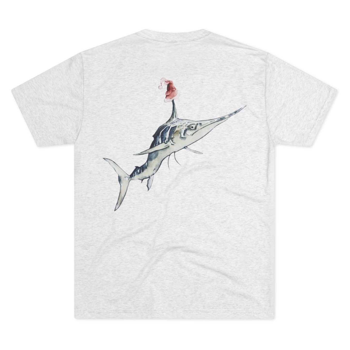 Striped Blue Marlin Santa Hat Unisex Tri-Blend Graphic Crew Tee