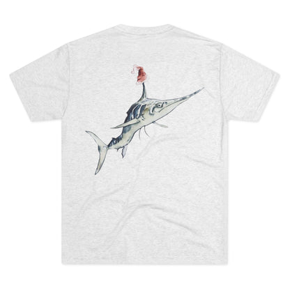 Striped Blue Marlin Santa Hat Unisex Tri-Blend Graphic Crew Tee