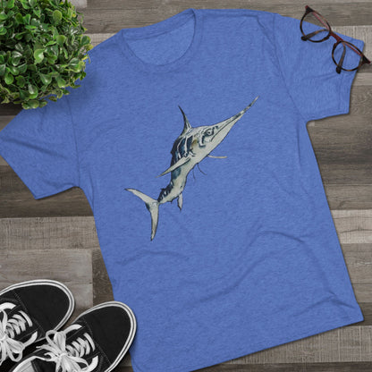 Striped Blue Marlin Unisex Tri-Blend Graphic Crew Tee