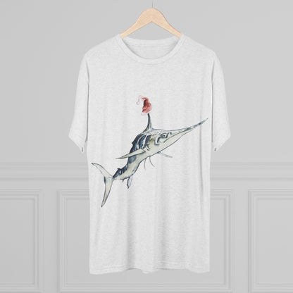 Striped Blue Marlin Santa Hat Unisex Tri-Blend Graphic Crew Tee