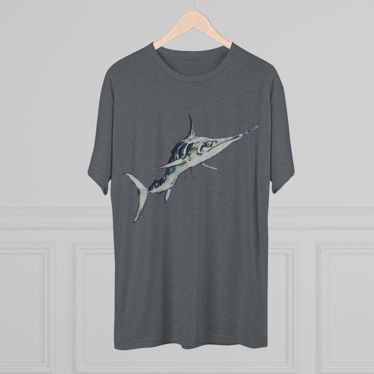 Striped Blue Marlin Unisex Tri-Blend Graphic Crew Tee